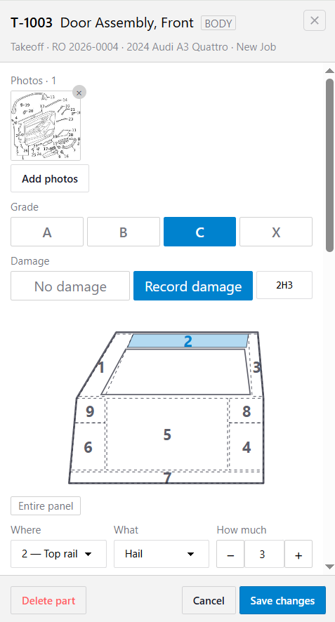 Grading a door: damage zone, damage type and size on a panel diagram