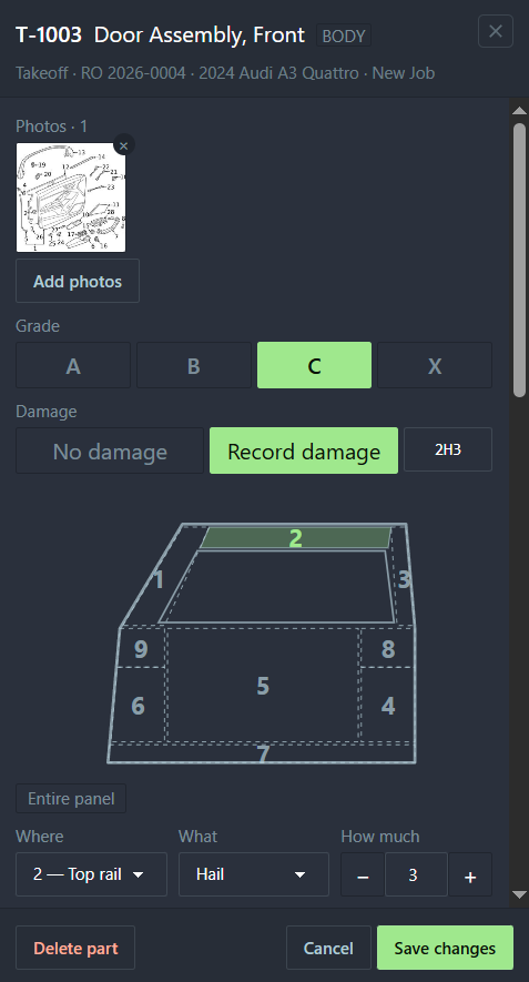 Grading a door: damage zone, damage type and size on a panel diagram