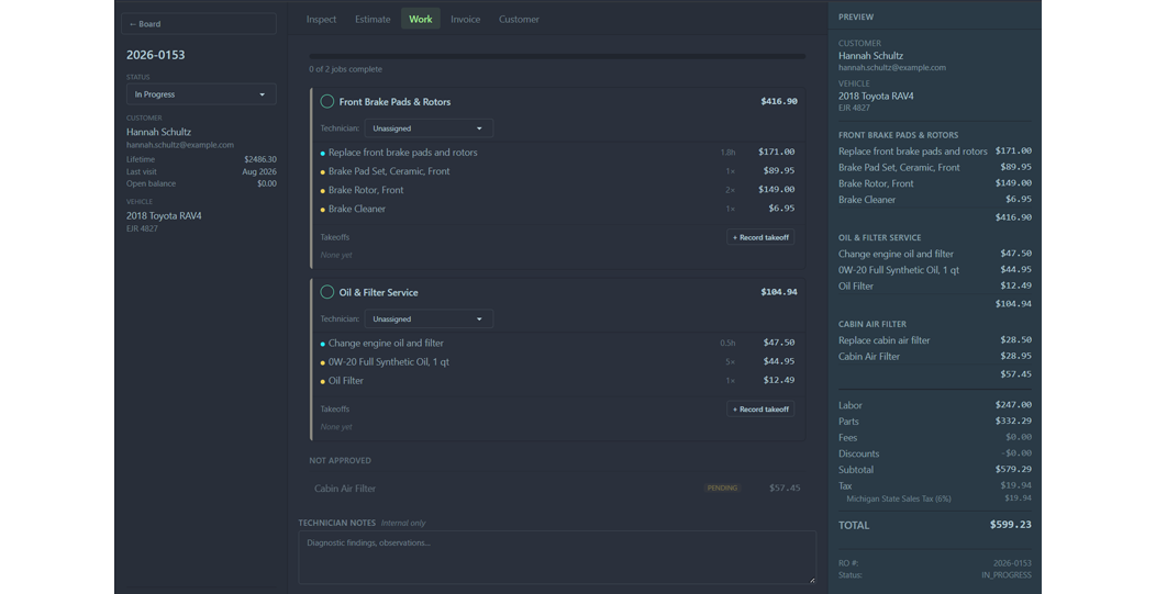 Repair order: jobs with labor and parts lines
