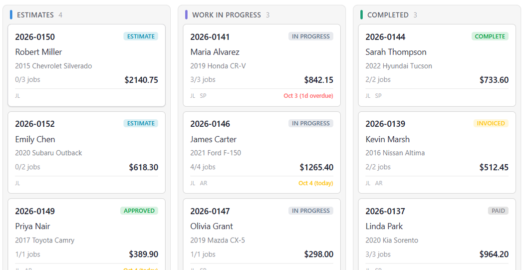 Service board: repair orders as cards in status columns