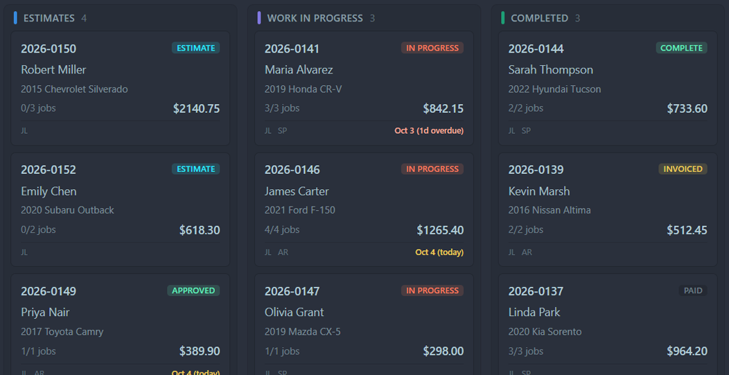 Service board: repair orders as cards in status columns